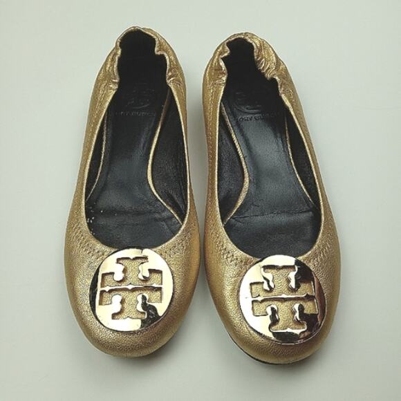 Tory Burch Logo Spark Gold Leather Minnie Travel Ballet Flats Size 5.5M - Picture 4 of 13